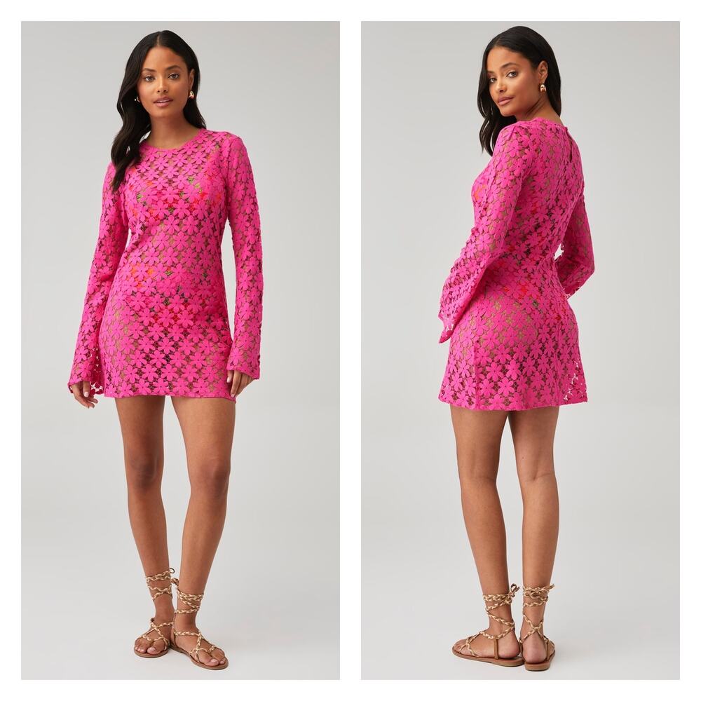 Beach Riot Goldie Daisy Crochet Mini Cover Up Dress In Fuchsia Pink Size XS